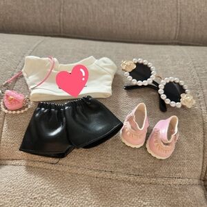 White Top and Black Shorts with Pink Heart  Bag, Shoes and Sunglasses for Labubu
